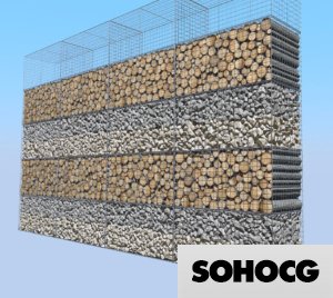 Gabion Basket Wall 3D Model Wood Log & Stone Rock Retaining Modular